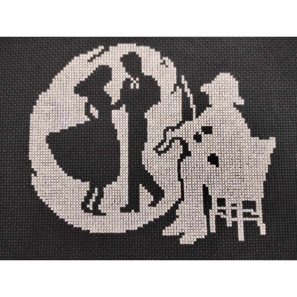 Vintage Cross Stitch Couple Moon Silhouette Art Completed Unframed Black & White